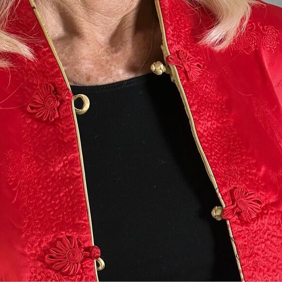 Silk Jacket Quilted Red Gold Boxy Split Hem 3/4 Sleeve Reversible Floral M - Picture 8 of 14